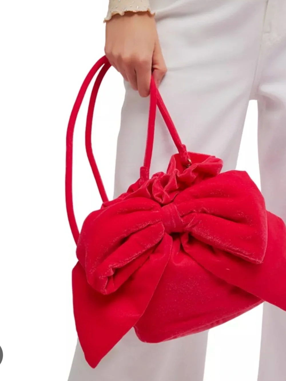 Free People Red Velvet Bow Drawstring Crossbody Bag